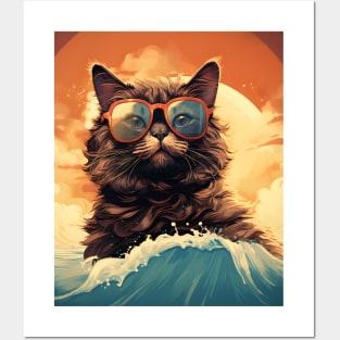 1980's Surf Cat - Retro Vintage Beach Vibes Posters and Art